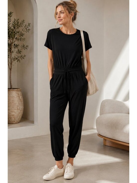 Sweaty Betty London Pants - Quiet Luxury Sweaty Betty Black Drawstring Jumpsuit Large Athleisure Travel